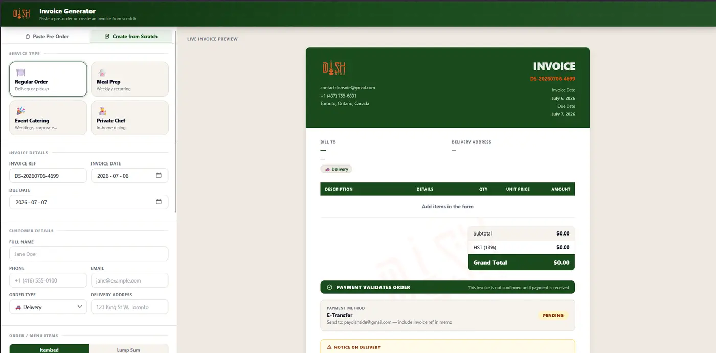 Dishside Invoice Generator — work by Intzich